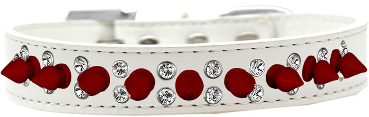 Double Crystal and Red Spikes Dog Collar White Size 16